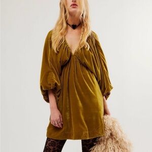 Free People Portia Velvet V-Neck 3/4 Sleeve Ruched Mini Dress